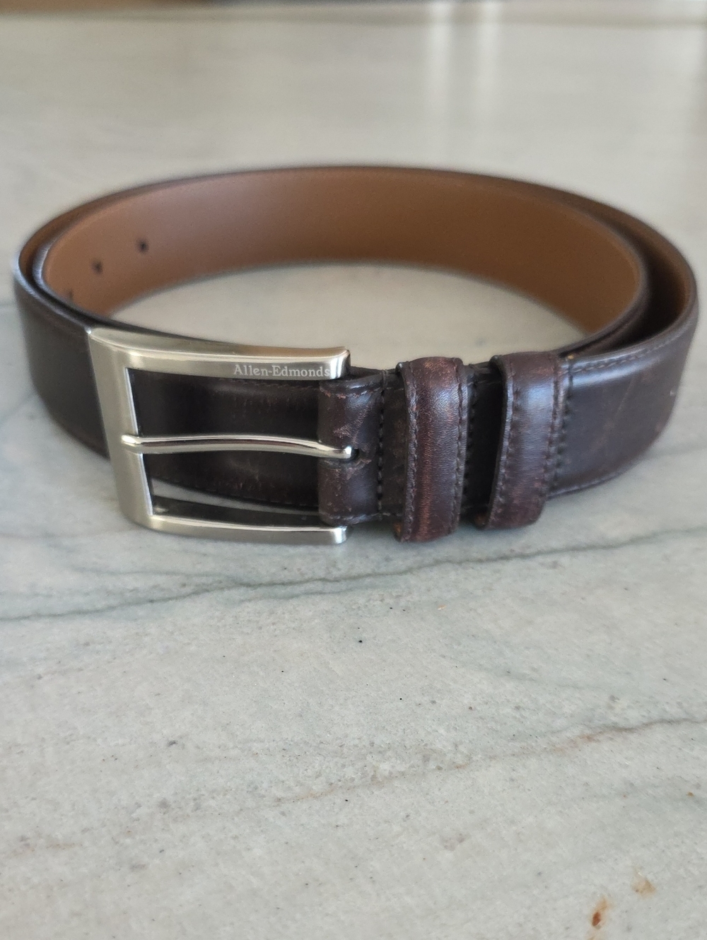 Allen Edmonds Dark Brown Leather Belt with Silver Buckle
